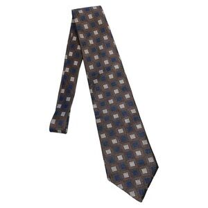 Villa Bugatti Italian‎ Silk Tie Brown Navy Silver Squares Suiting Business